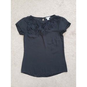 H & M Black Top Size 2  Short Double Sleeved Chiffon Flower Applique Trim